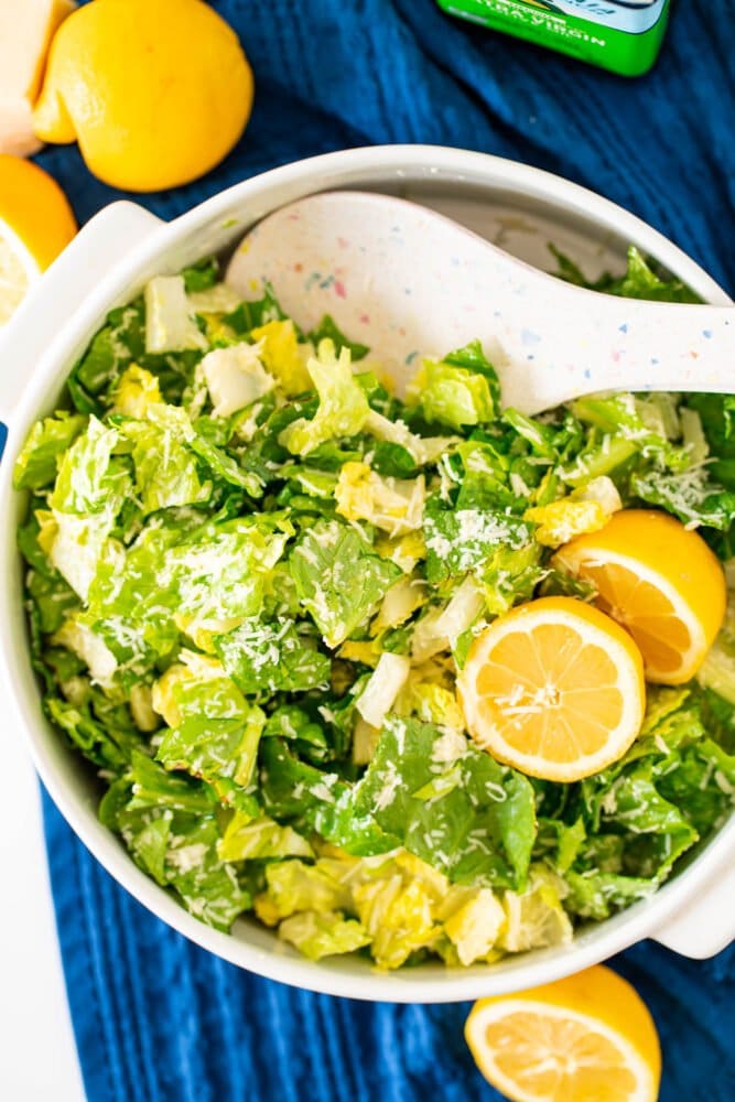 crunchy lemon tiktok salad in a white bowl 