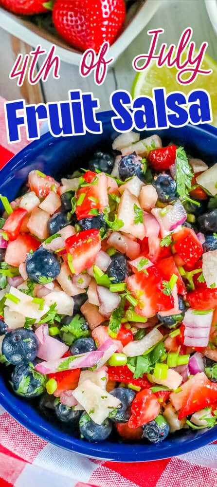 red white and blue fruit salsa in a bowl with cilantro and red onion