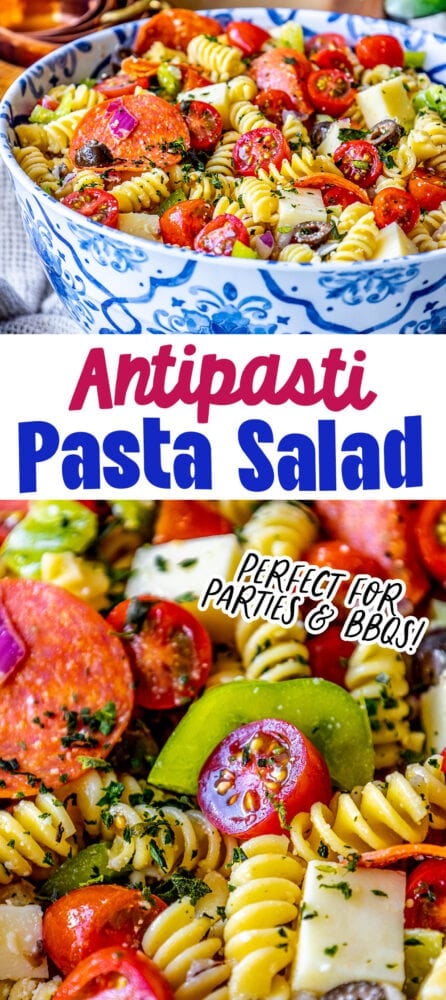 picture of pasta salad with pepperoni, olive, tomatoes, onions, cubes of mozzarella cheese, and bell peppers in a blue bowl 