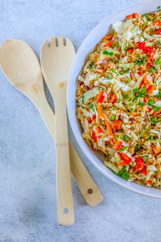 picture of Thai chicken salad in a white bowl on a table