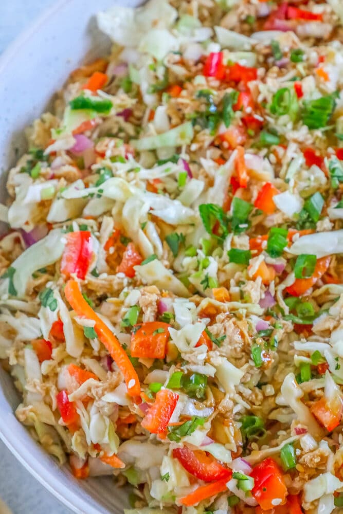 picture of Thai chicken salad in a white bowl on a table 