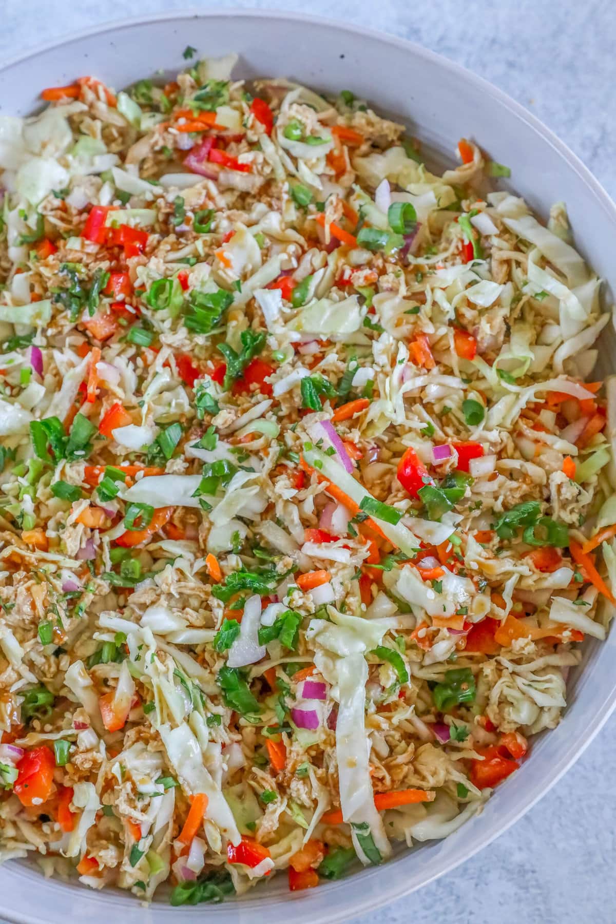 picture of Thai chicken salad in a white bowl on a table 