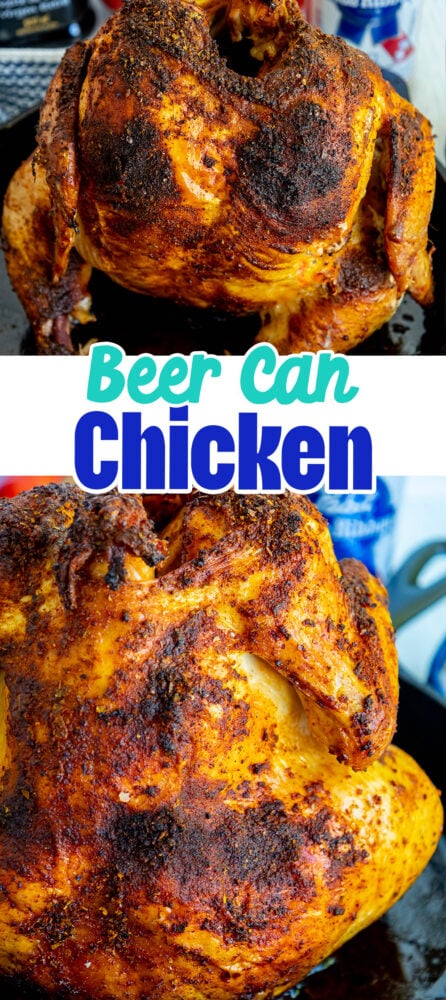 picture of a cooked beer can chicken in a cast iron pan 