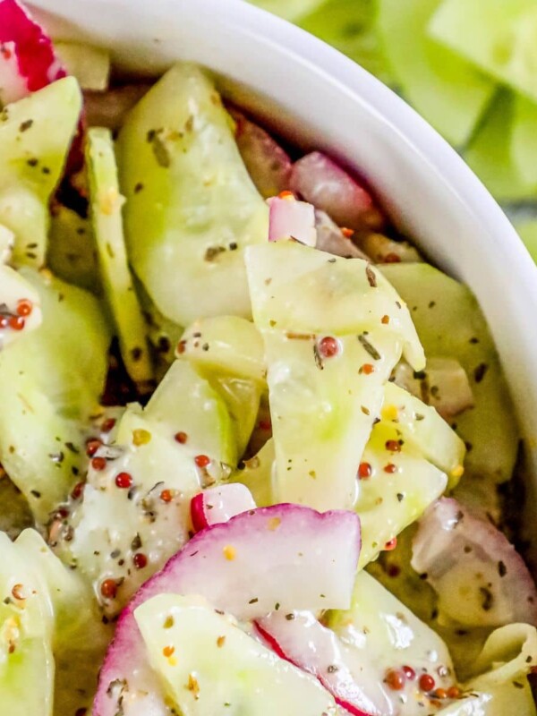 picture of creamy cucumber salad with mustard and mayonnaise in a bowl