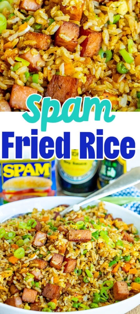 picture of spam fried rice with peppers, peas, and chopped green onions a bowl