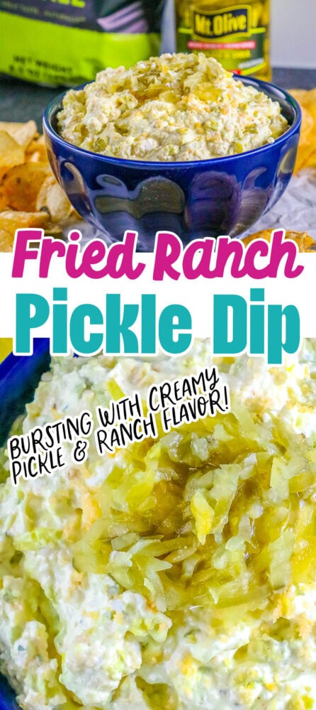 picture of pickle dip in a blue bowl around chips and a jar of pickles