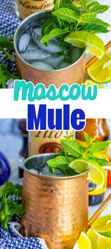 moscow mule in a copper cup with mint and limes in it on a table