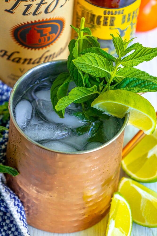 moscow mule in a copper cup with a large mint sprig and limes in it on a table