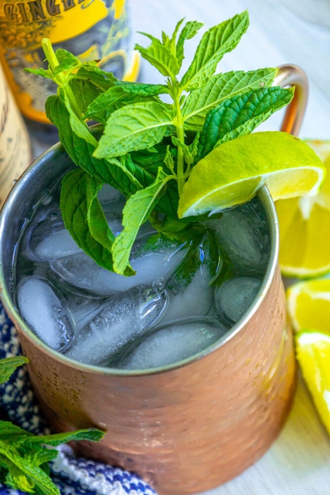 a large moscow mule in a copper cup with mint and limes in it on a table