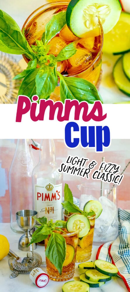 cup with cucumber and basil in it bottle of pimms in the background