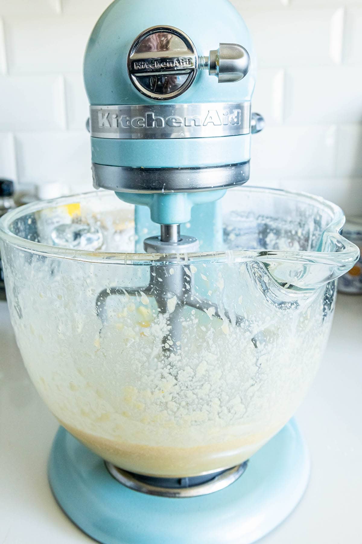 picture of batter being mixed in a stand mixer