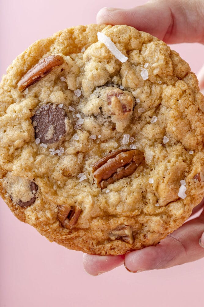 picture of a chocolate chip and oatmeal cookie with butterscotch chips, pecans, coconuts, and salt on top