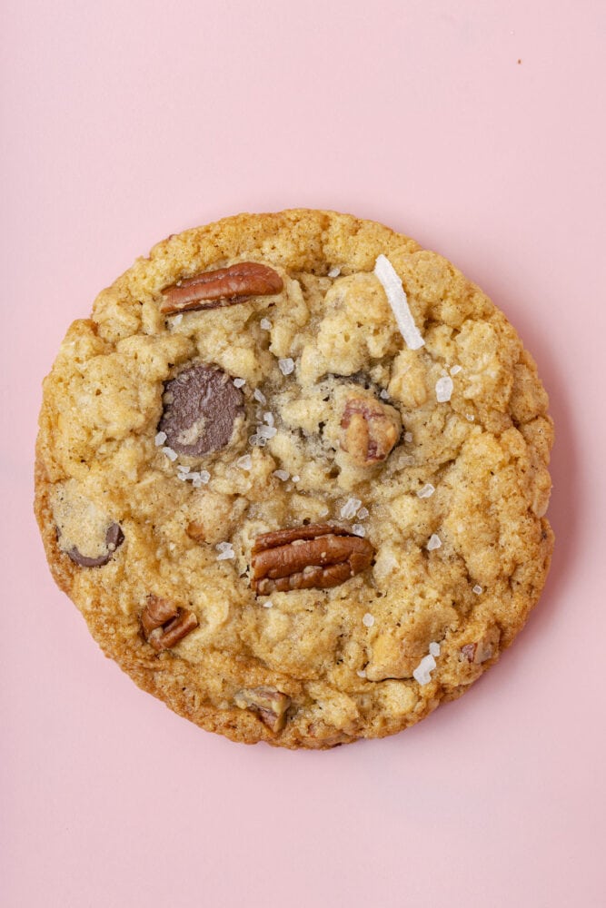 picture of a chocolate chip and oatmeal cookie with butterscotch chips, pecans, coconuts, and salt on top