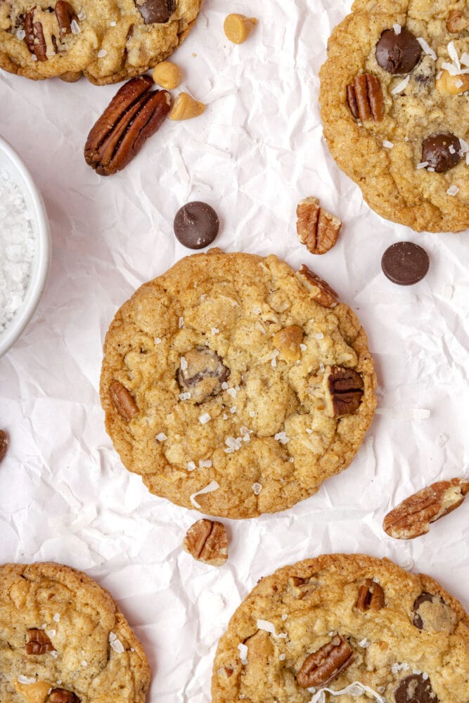 picture of a chocolate chip and oatmeal cookie with butterscotch chips, pecans, coconuts, and salt on top