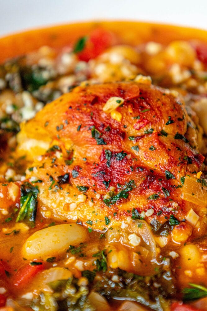 picture of chicken thigh in tomato stew with white beans, kale, herbs, and onions in a white bowl