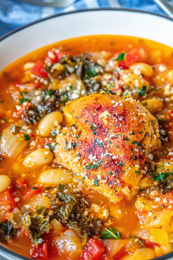 picture of chicken thigh in tomato stew with white beans, kale, herbs, and onions in a white bowl