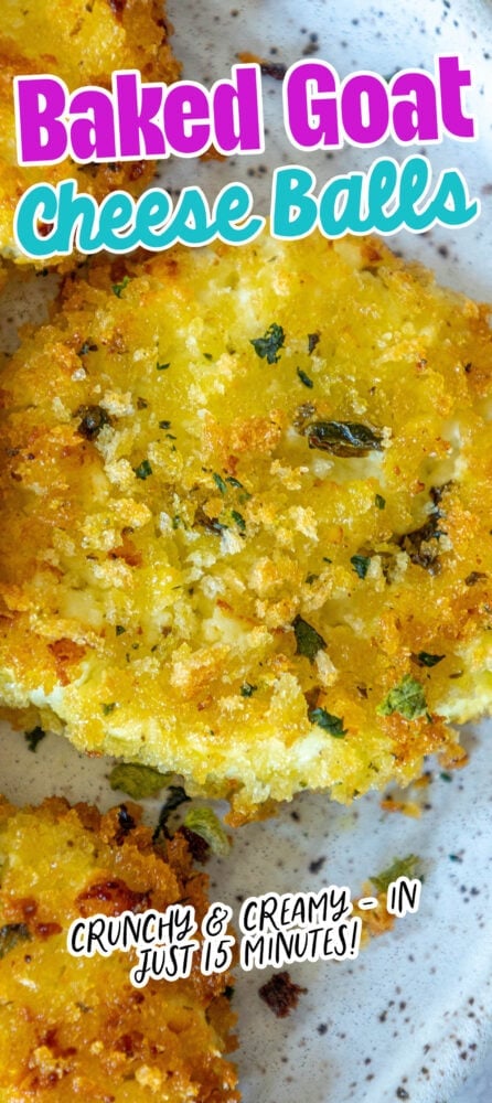 golden baked breaded goat cheese balls topped with herbs on a white speckled plate