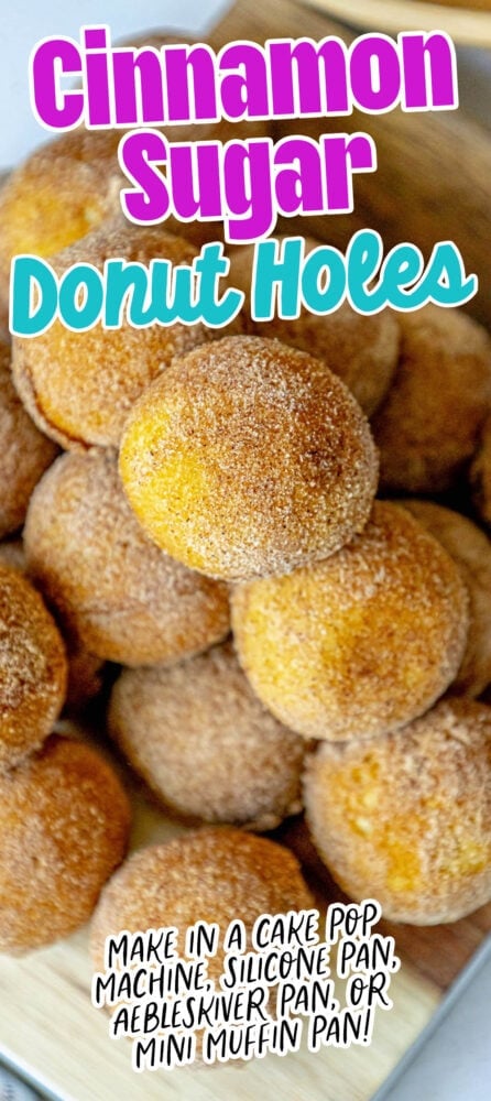 picture of donut holes rubbed in cinnamon sugar stacked on a cutting board