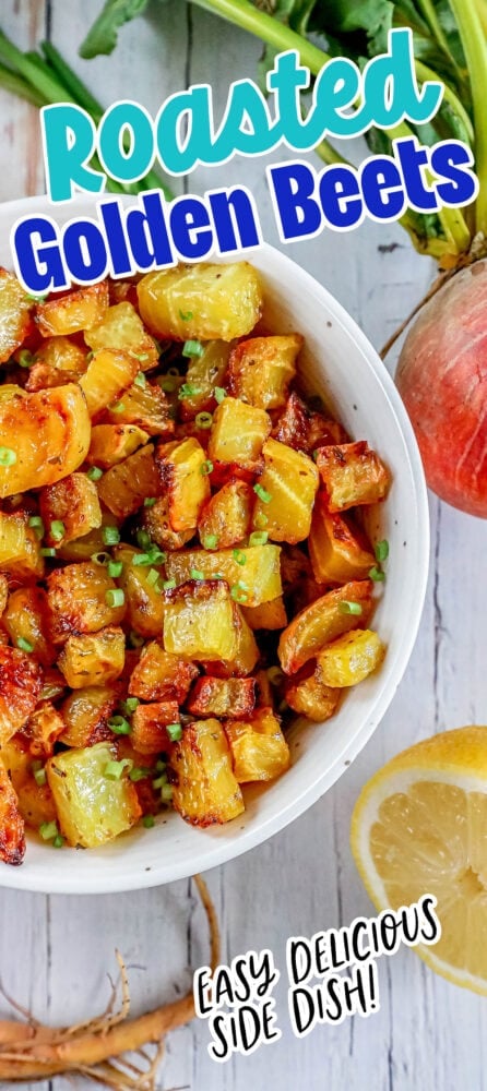 picture of golden roasted beets in a white bowl with chopped chives on top