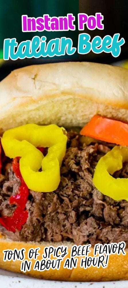 picture of shredded Italian beef in a bun on a plate in front of an Instant Pot