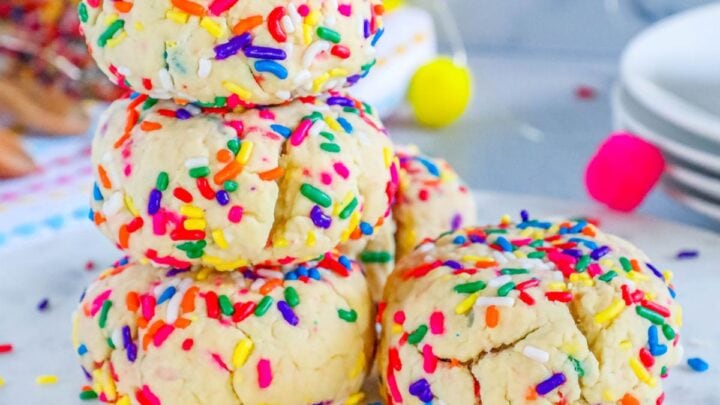 picture of stacked funfetti cookies on a table
