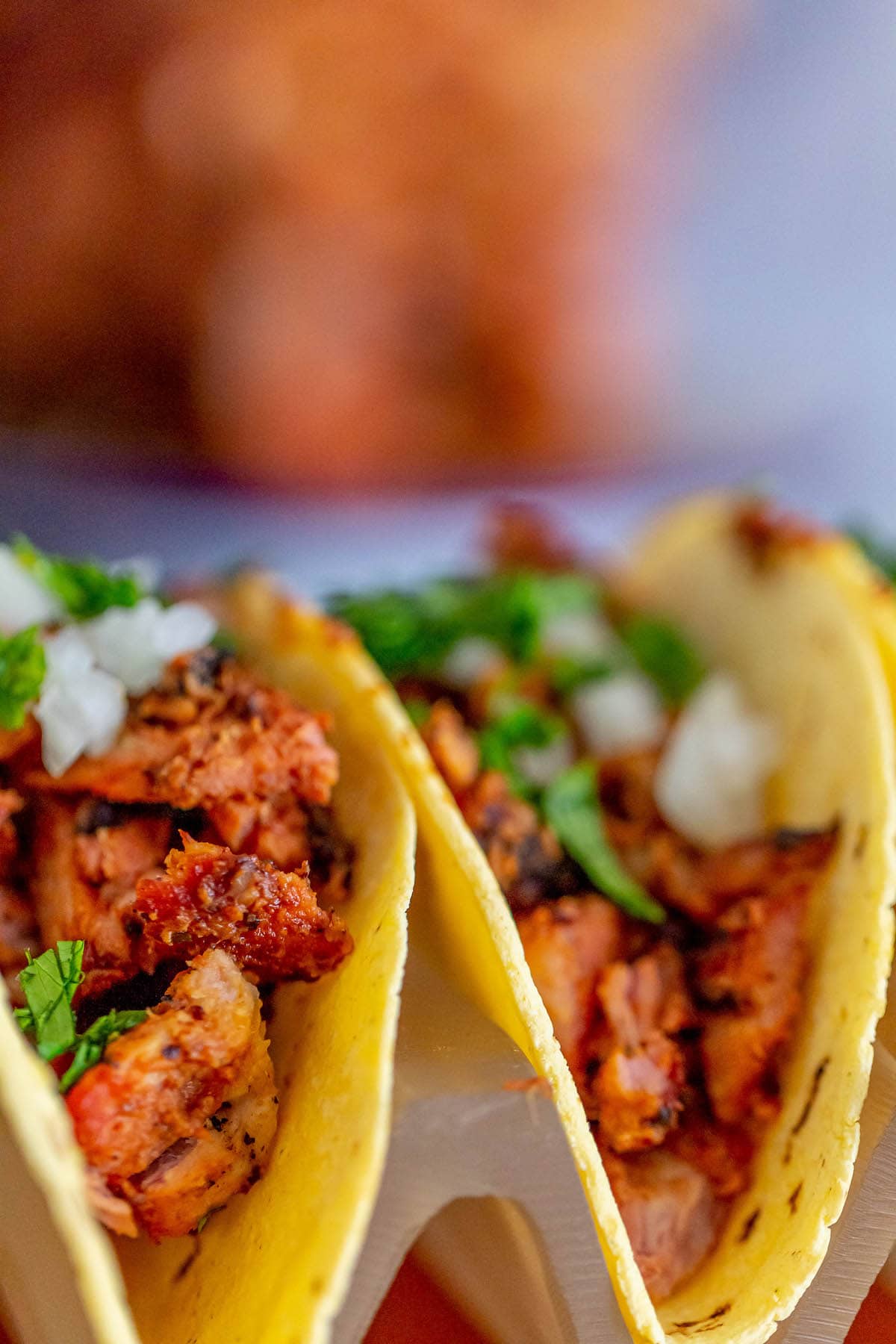 picture of chopped smoked al pastor in a taco topped with chopped cilantro and white onion