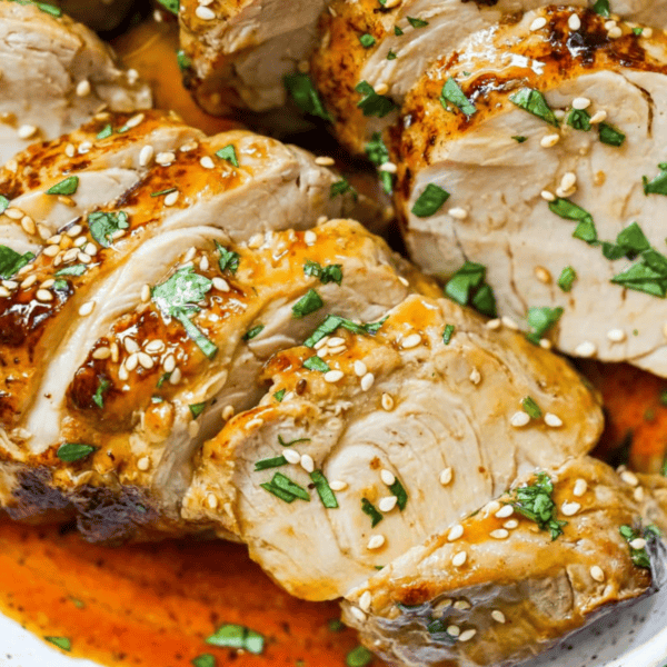 Sliced cooked chicken breast topped with chopped herbs and sesame seeds, served with a reddish sauce inspired by our baked teriyaki pork tenderloin recipe.