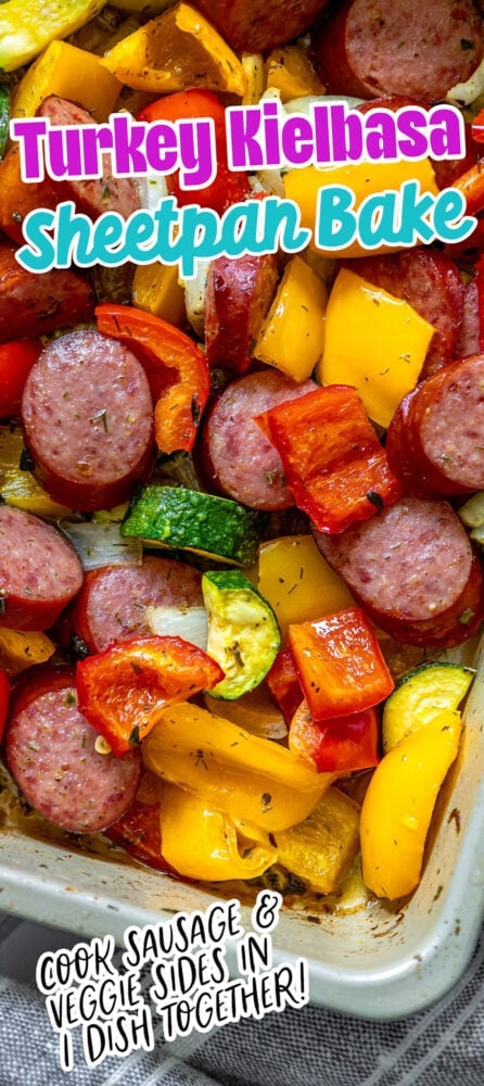 picture of turkey kielbasa, bell peppers, onions, and herb dressing baked on a baking sheet on a table