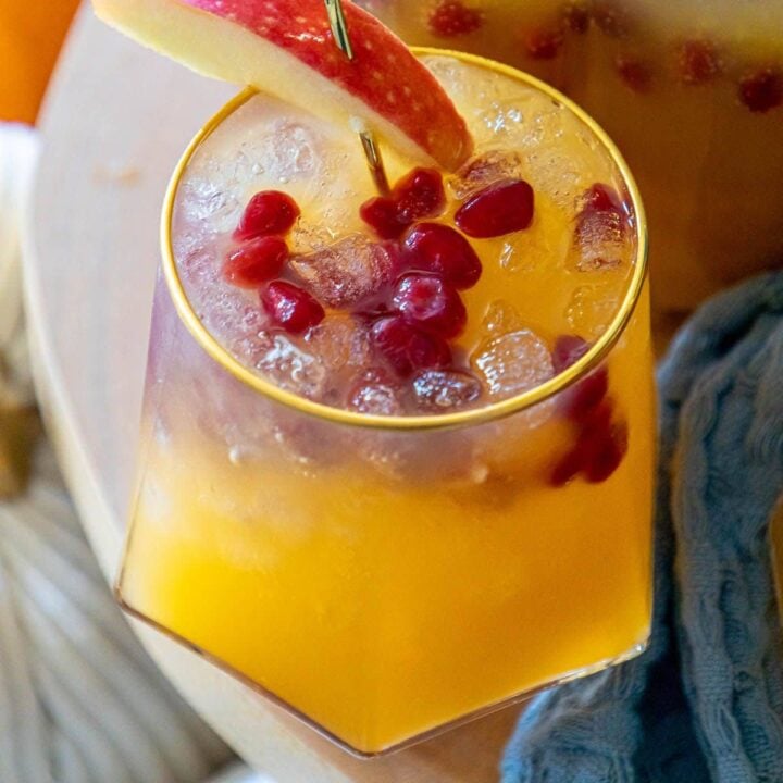 picture of pumpkin punch with pomegranate arils on top and an apple slice