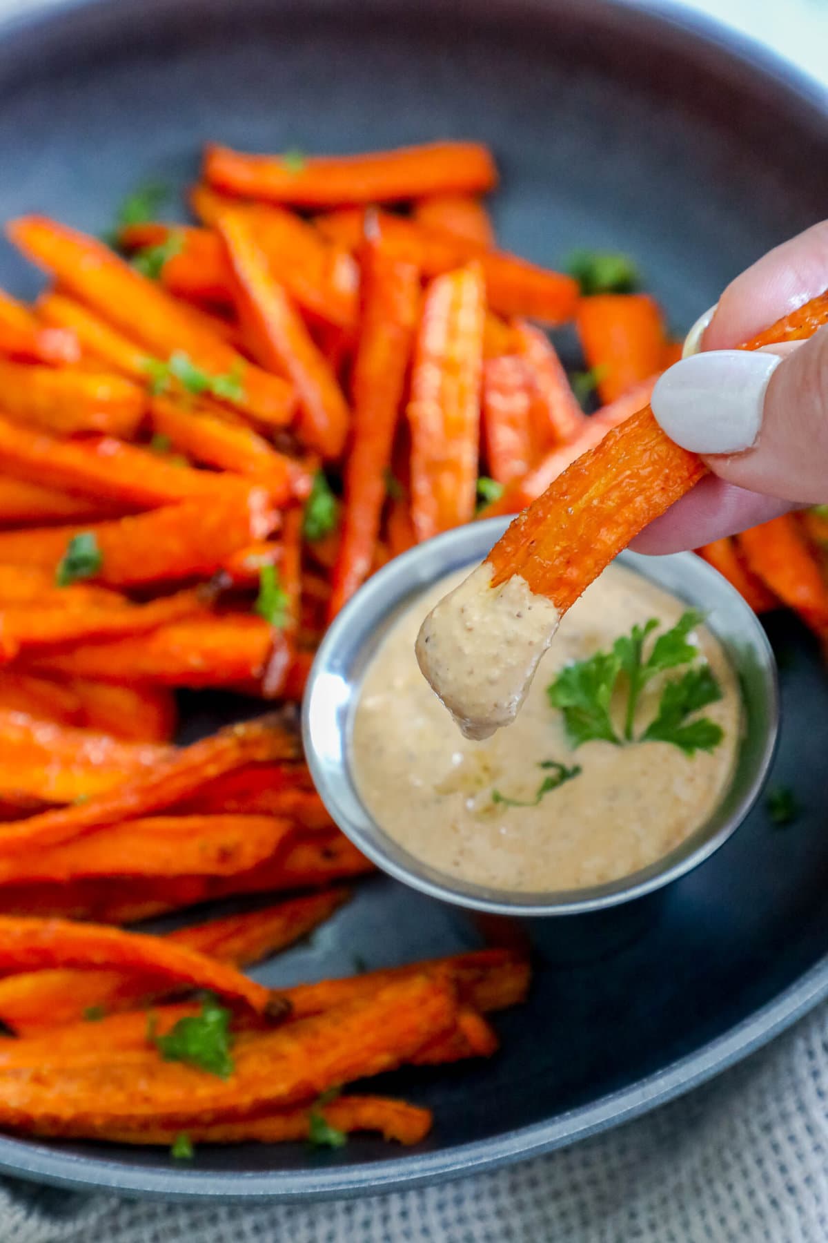 picture of a hand holding a carrot fry dipped in sauce 