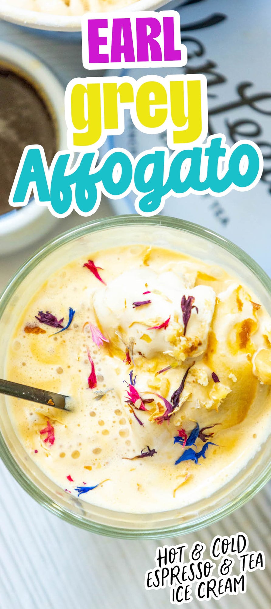 picture of earl grey affogato in a glass mug with corn flowers on top