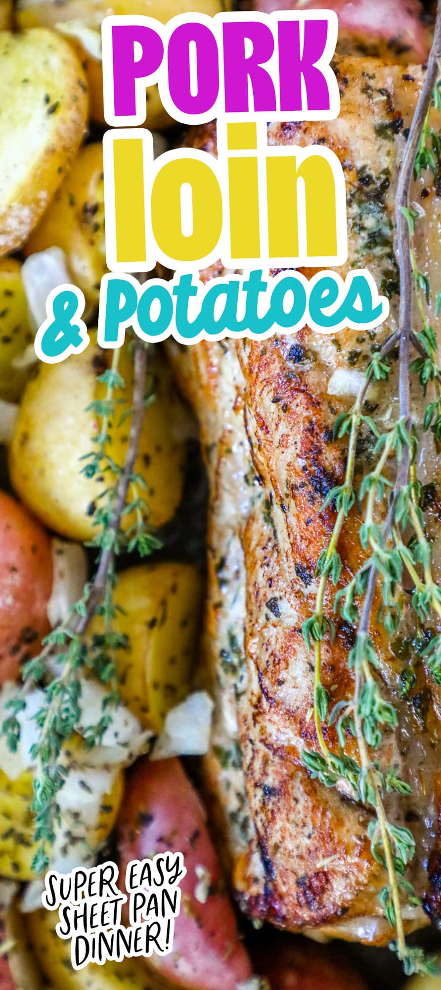 picture of baked pork loin in a pan with seasoned potatoes and onions and a sprig of rosemary