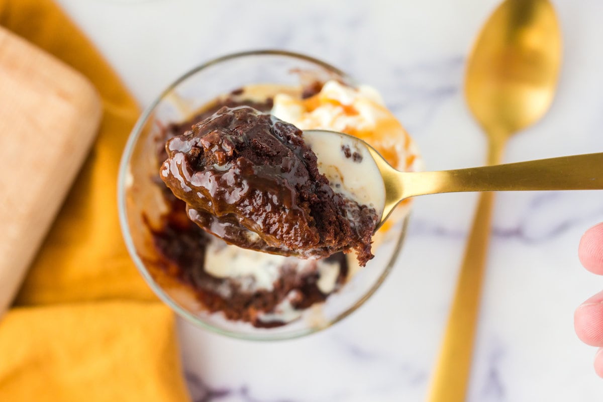 picture of caramel lava cake on a spoon