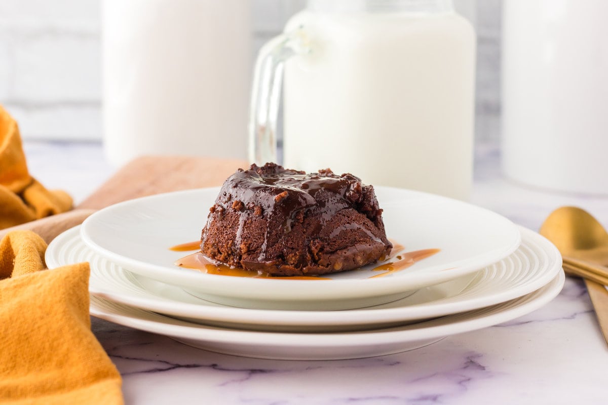 picture of caramel lava cake on a plate