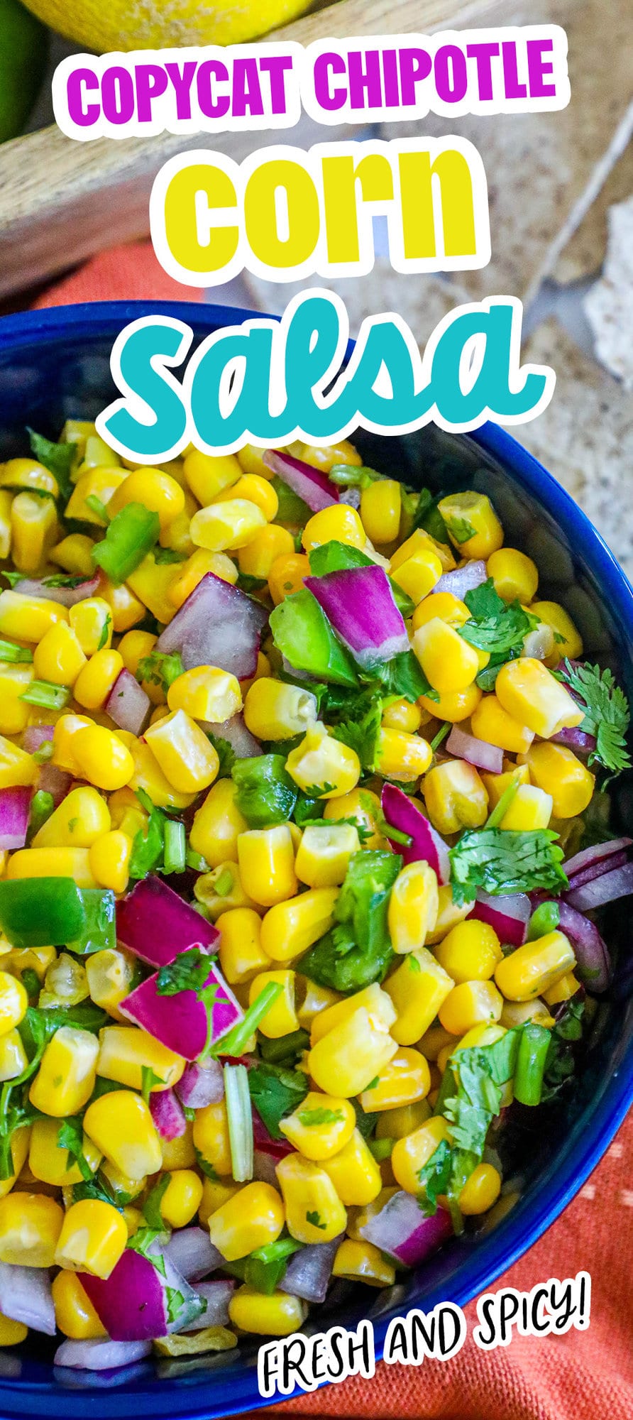 picture of corn salsa in a blue bowl with onions, jalapenos, cilantro