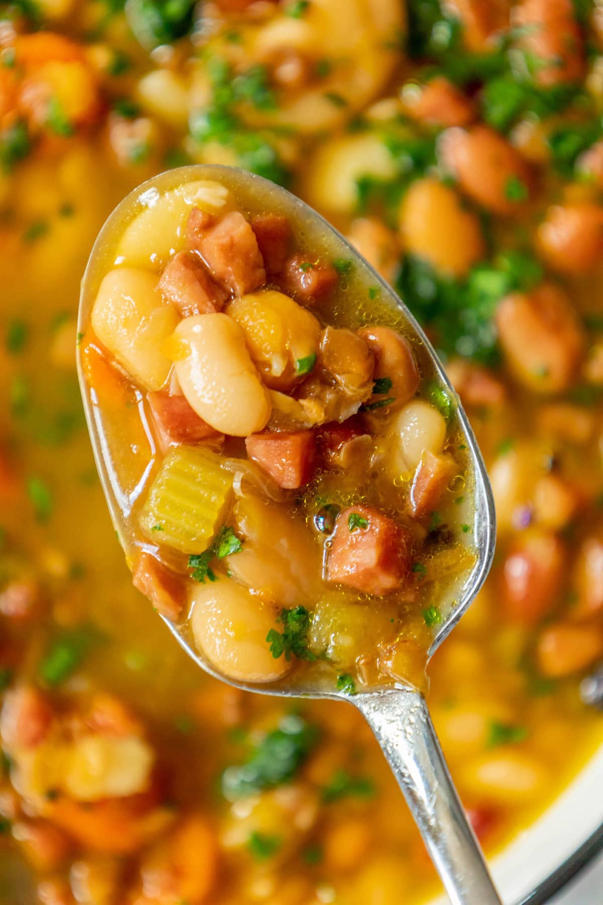 picture of diced ham and bean soup on a spoon 