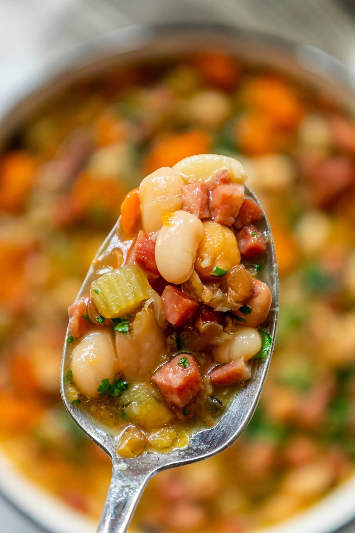 picture of bean and ham soup on a spoon