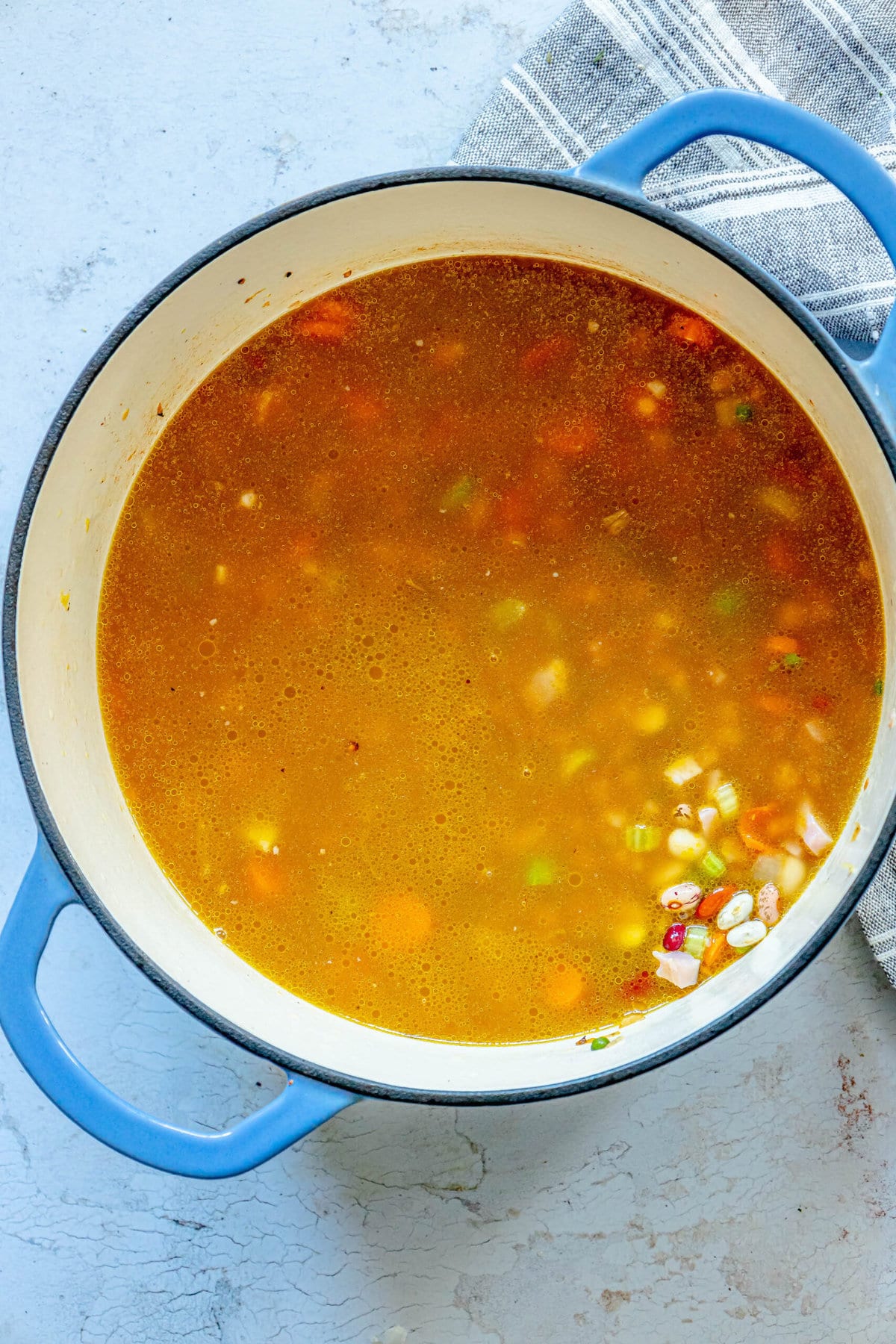 picture of stock in dutch oven with beans and vegetables