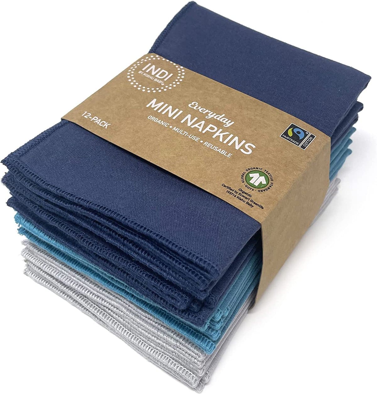 stack of gray and blue napkins 12 pack in a stack. 