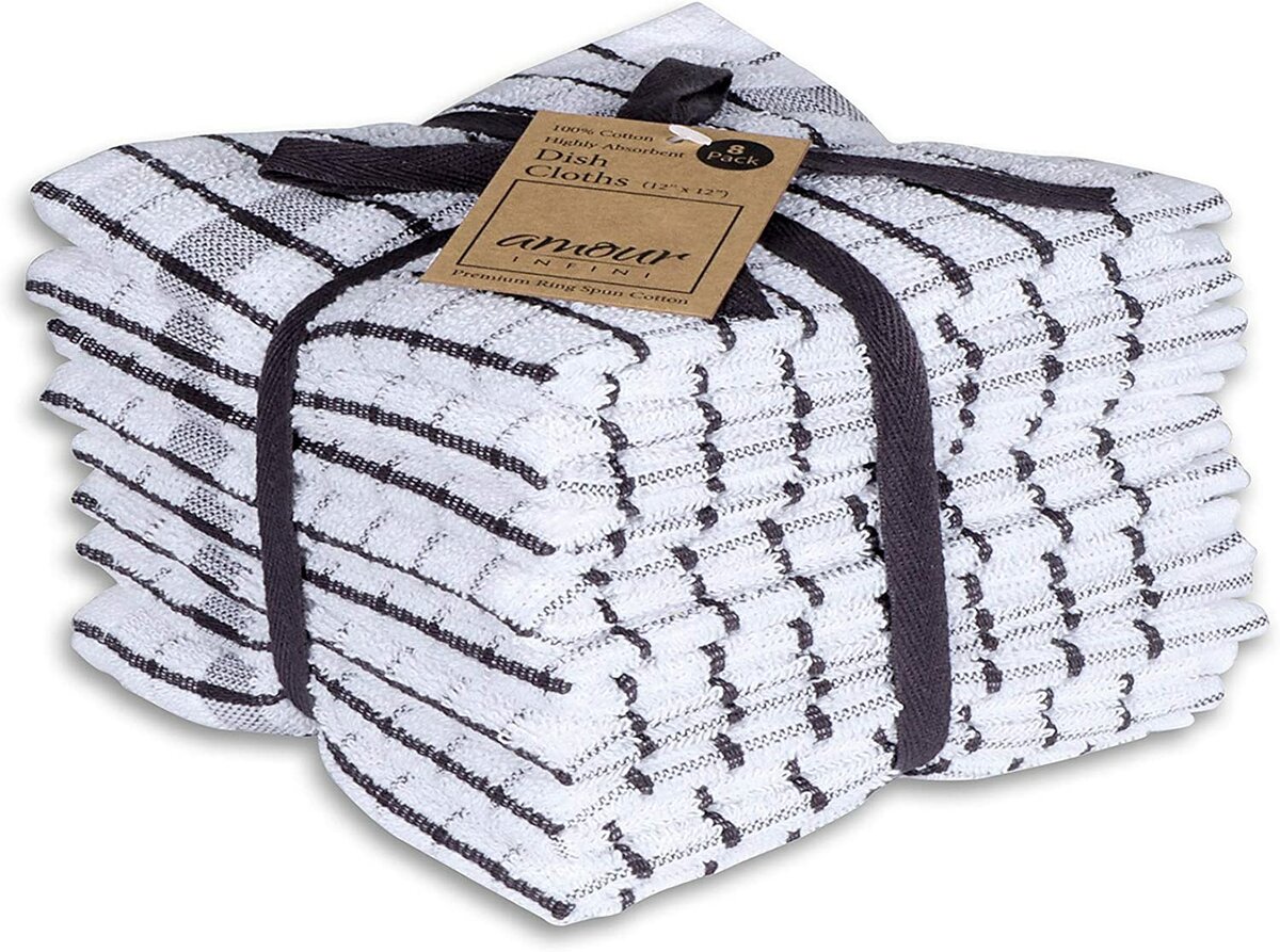 black and white terry cloth rags in a stack. 