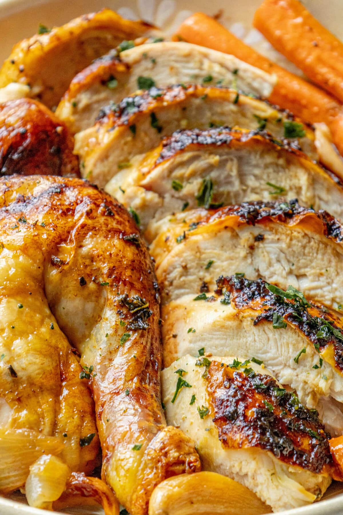 picture of sliced roast chicken on a platter