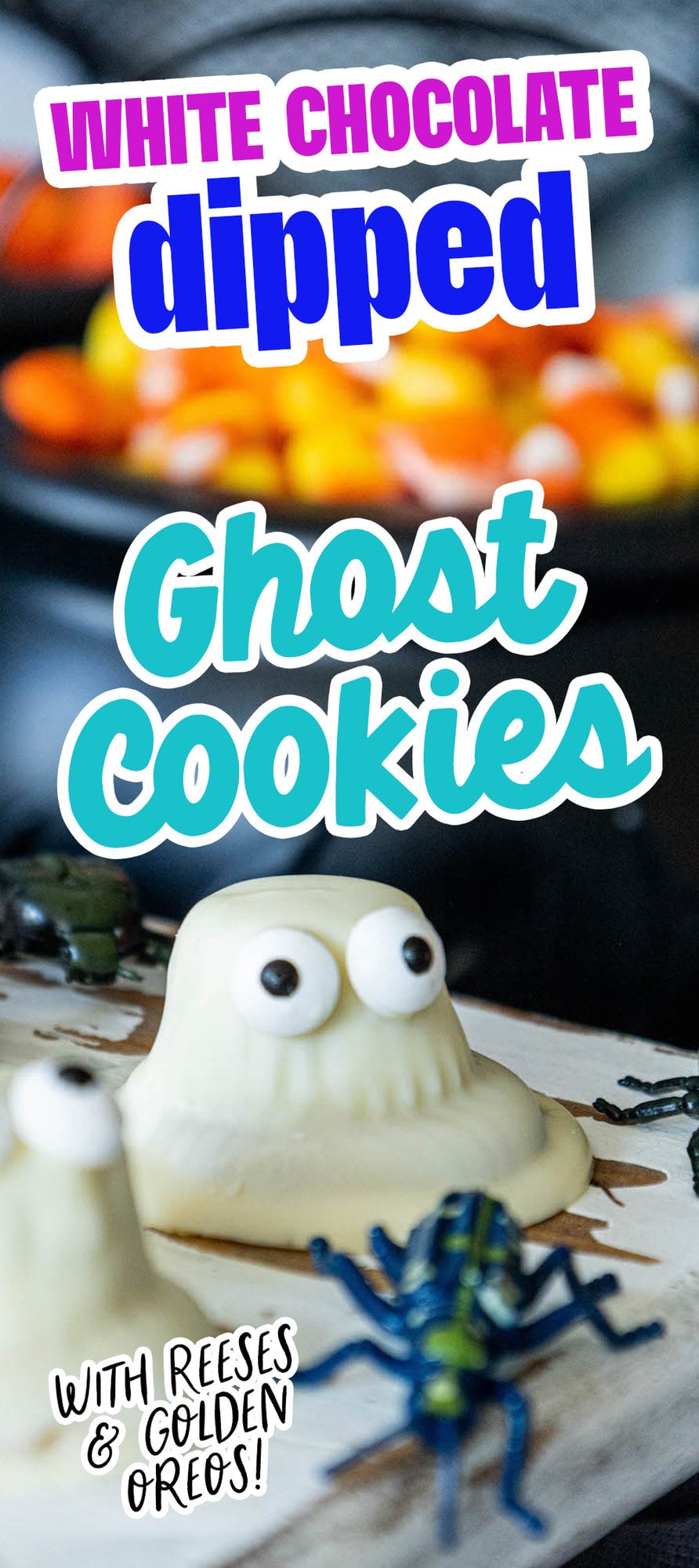 cookies dipped in white chocolate with candy eyes to look like ghosts