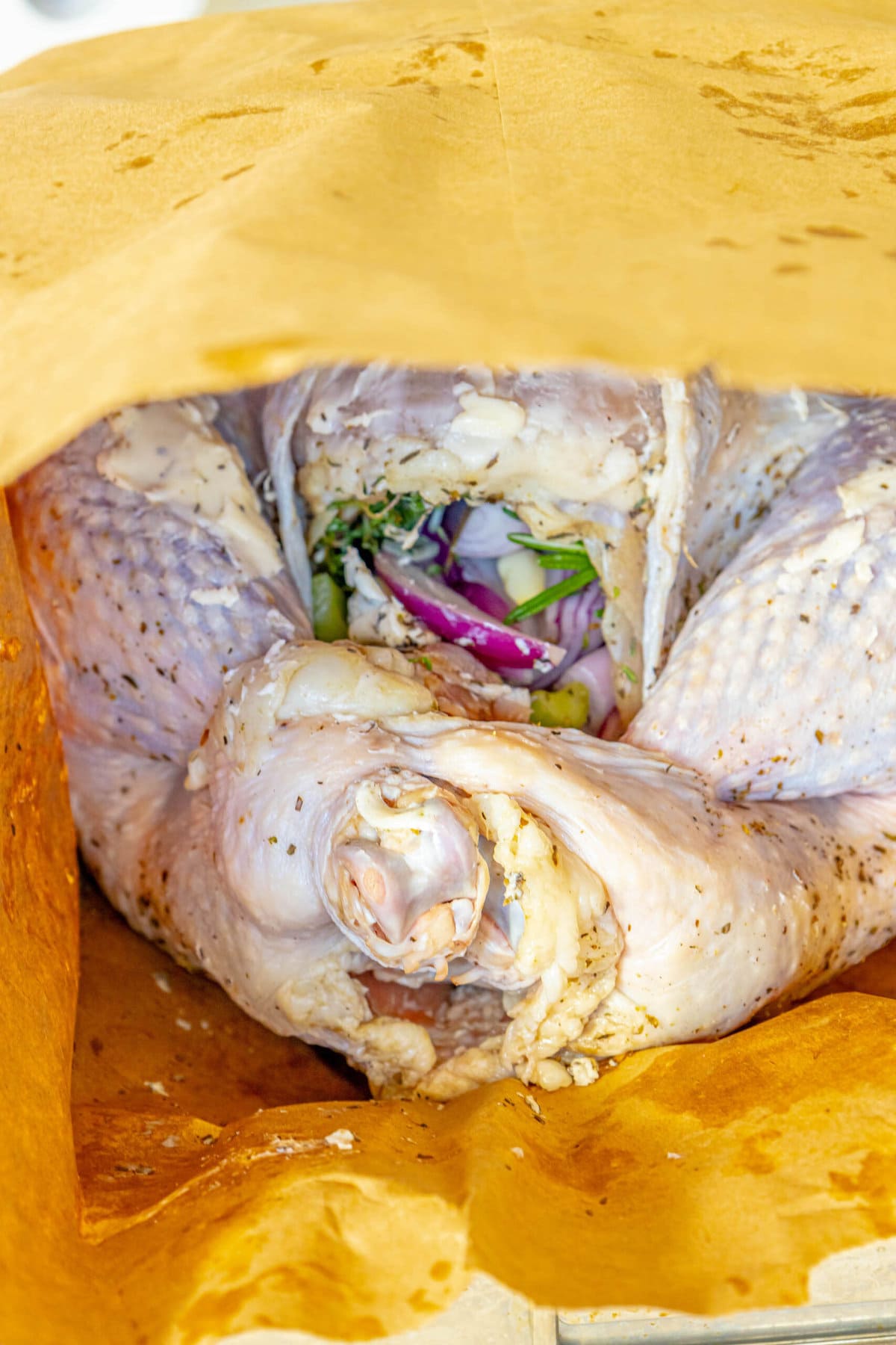 picture of a raw turkey with the cavity stuffed full of herbs and aromatics inside a brown paper bag