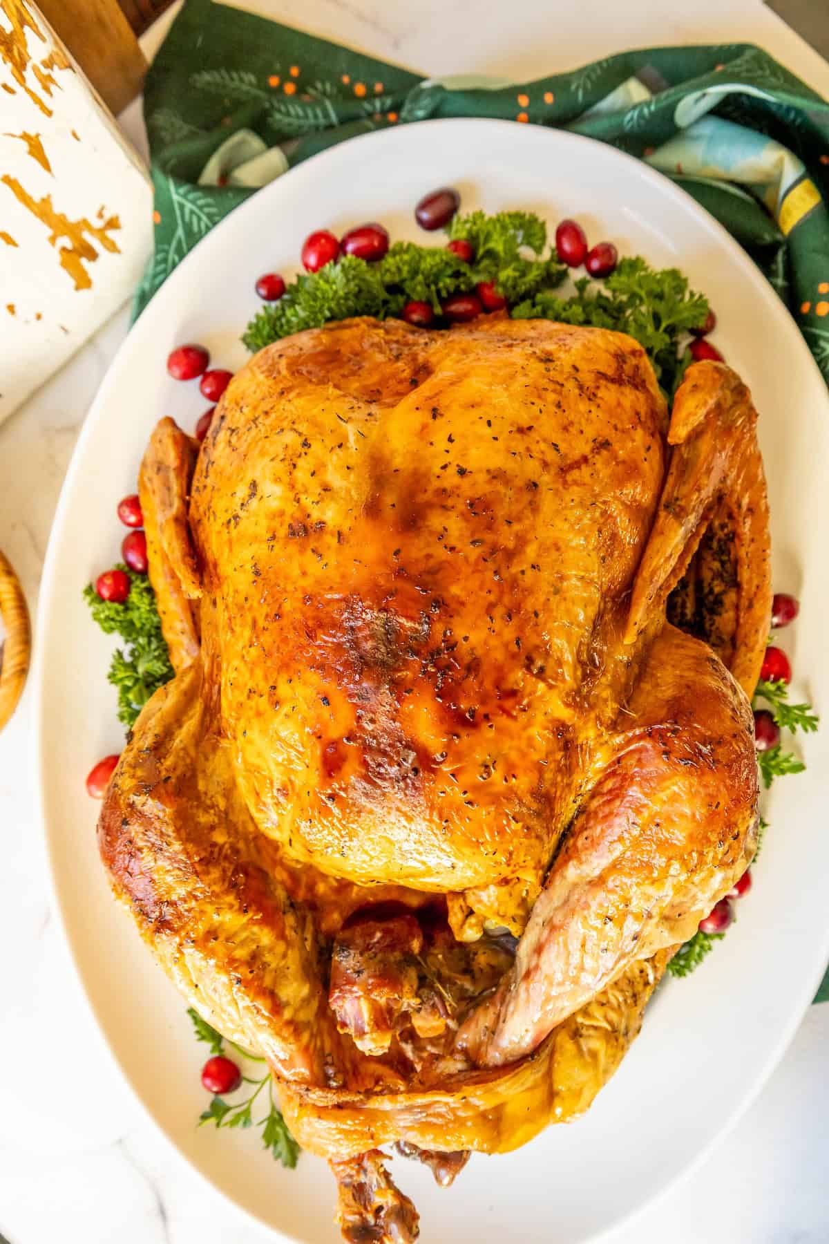 A roasted turkey on a white platter, perfected with a dry turkey brine, is garnished with parsley and cranberries.