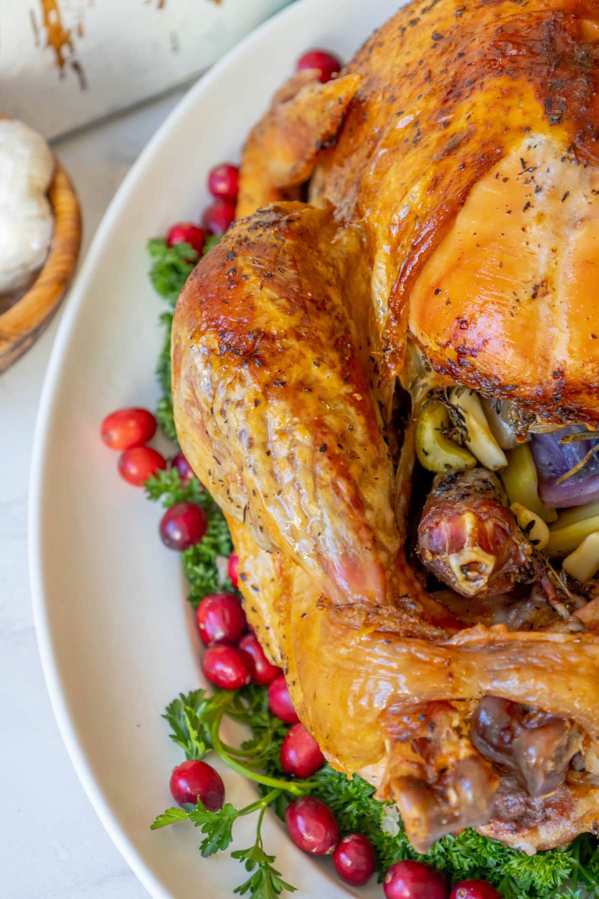 picture of a roasted turkey on a plate with kale and cranberries