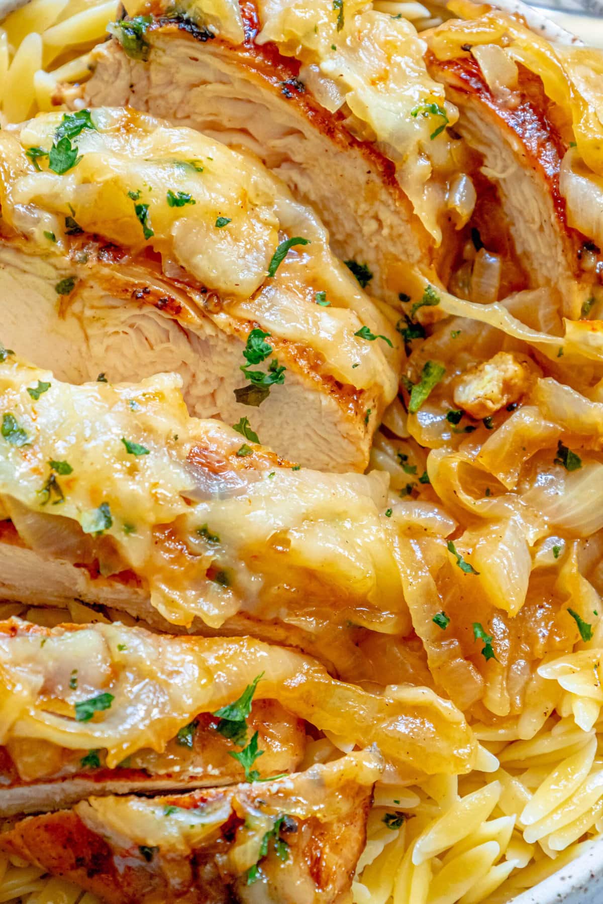 picture of chicken breast with melted cheese and browned french onions