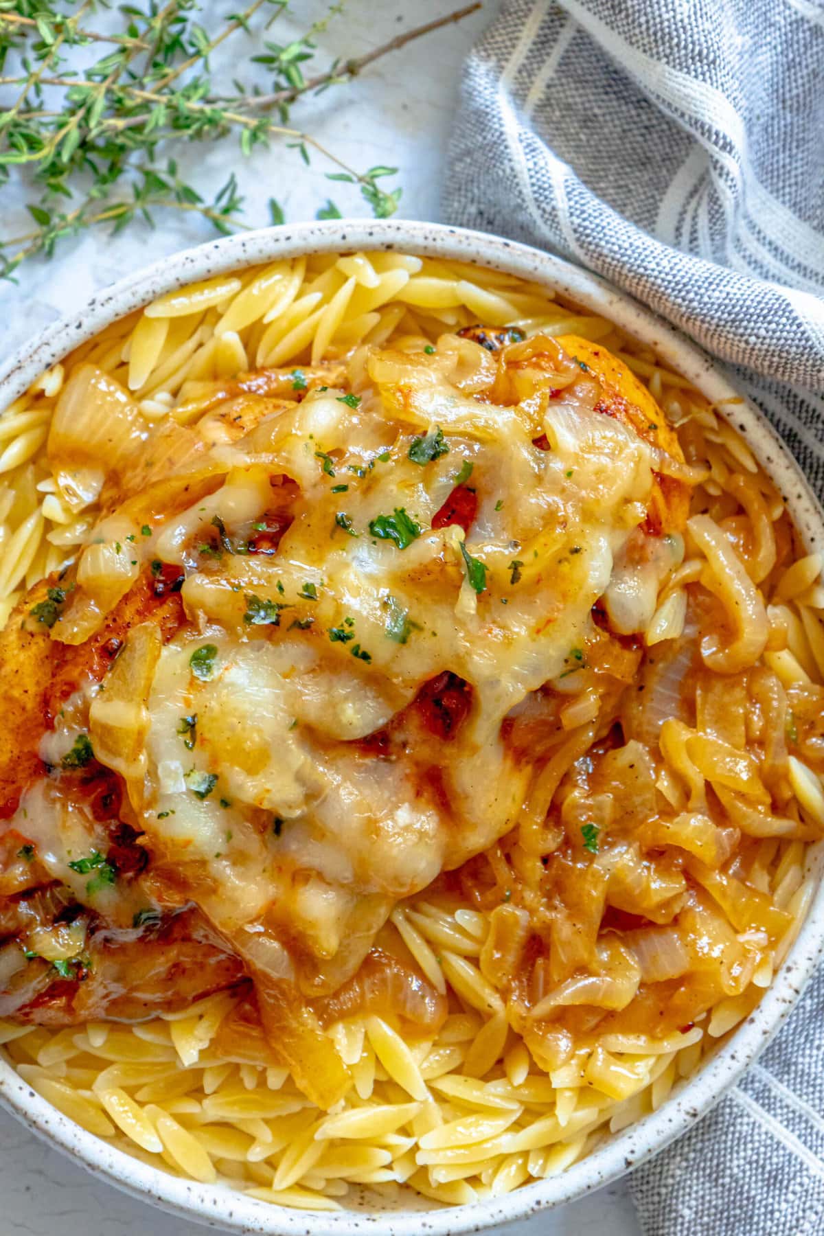 chicken breast with melted cheese and french onions