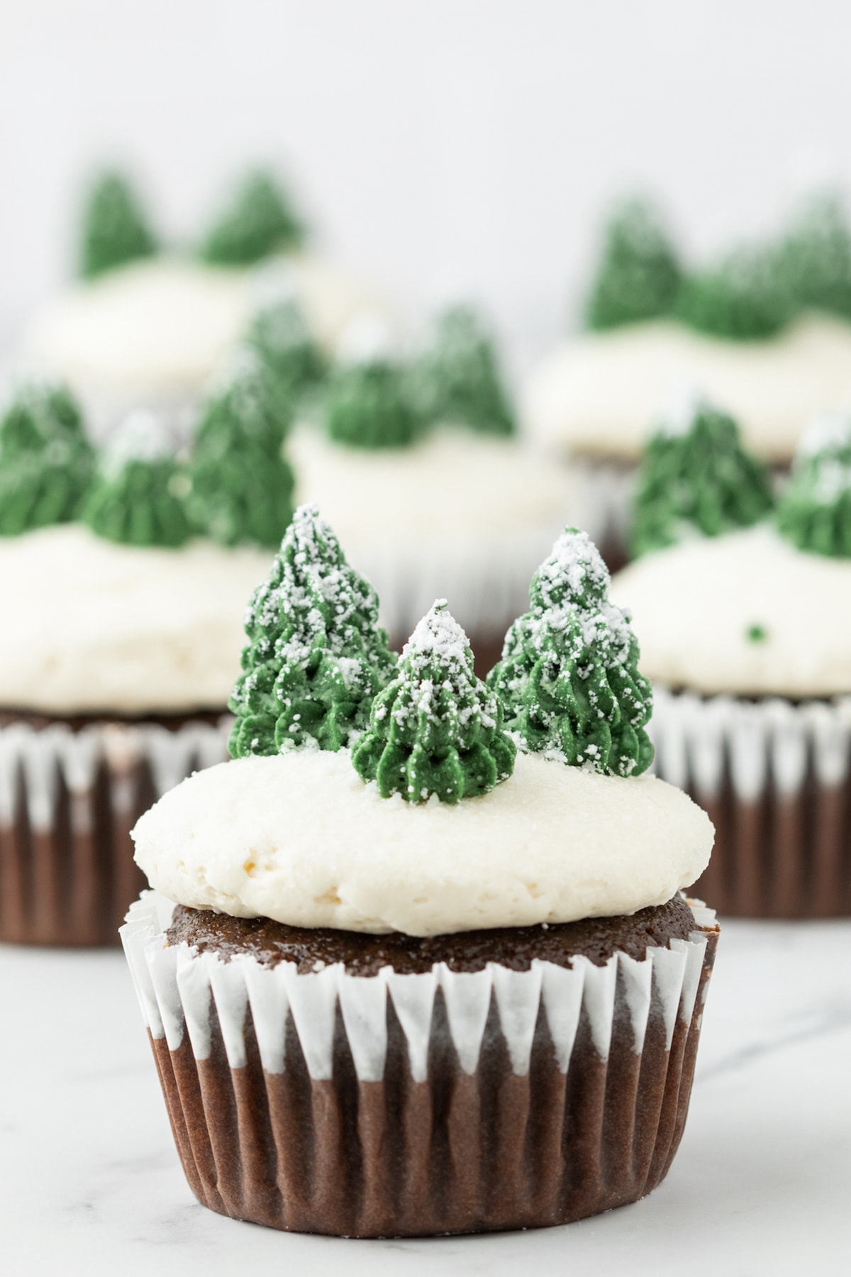 picture of mint chocolate cupcake with buttercream icing, powdered sugar snow, and buttercream piped trees on top on a plate