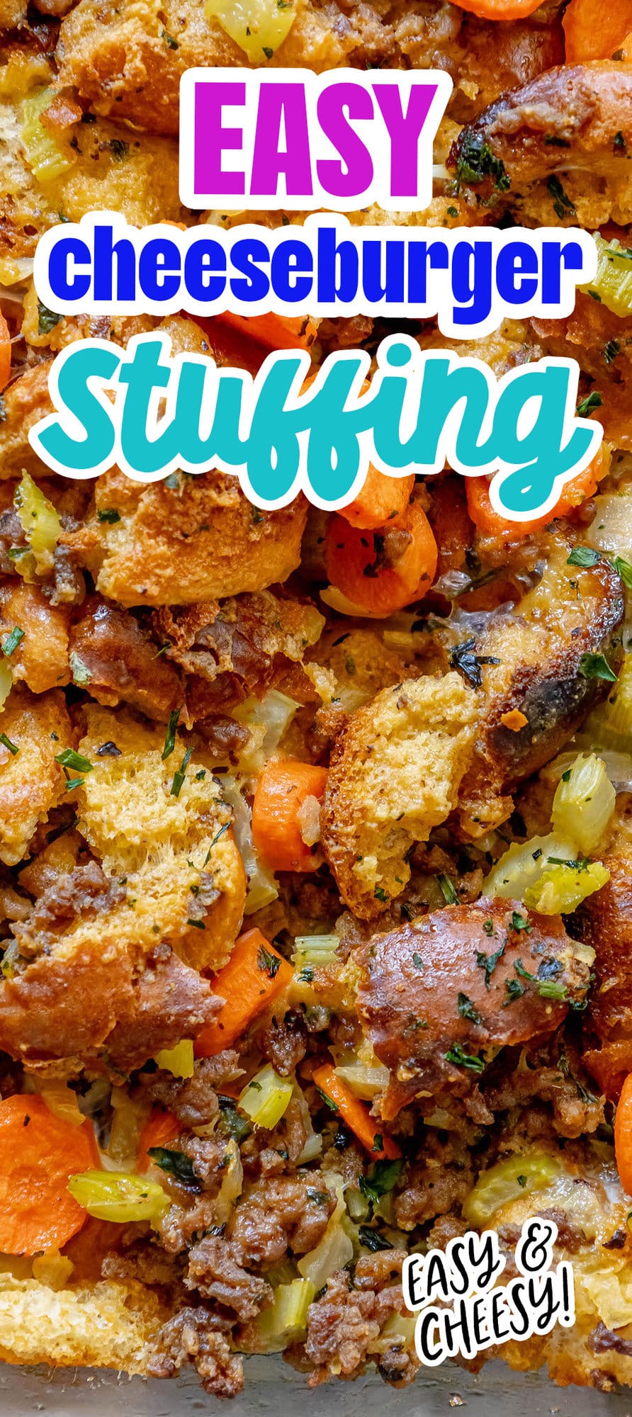 picture of cheeseburger stuffing in a glass tray on a table with carrots and herbs on top 