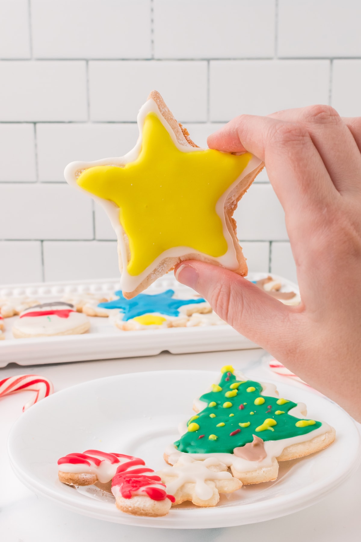 picture of a hand holding a star shaped iced sugar cookie